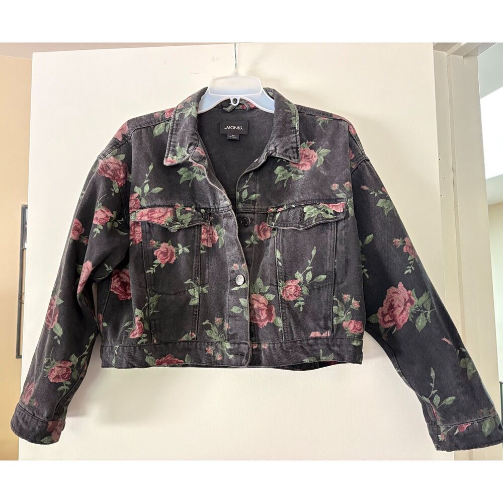 Monki Faded Black Denim Cropped Jacket Dusty Pink Rose XS Grunge Boho Floral - Picture 2 of 8